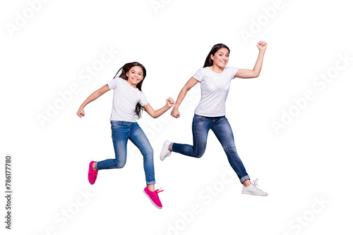 Full length body size profile side view of two nice crazy lovely attractive cheerful funny slim sporty people in white t-shirt having fun rush hour isolated over blue pastel background