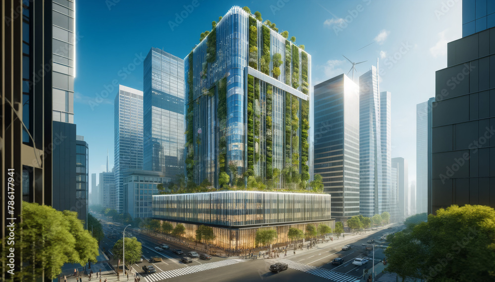 Eco-Futuristic Skyscraper with Vertical Gardens in Urban Cityscape