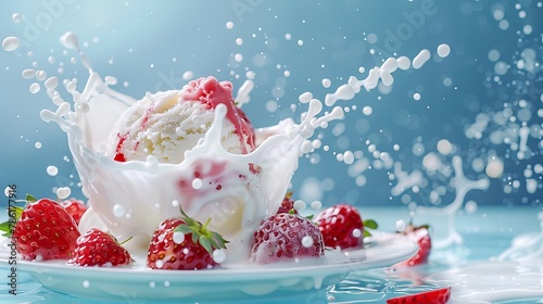 Strawberries and milk splashes on wooden table on blue background. 3d render, for product presentation, product display, banner background