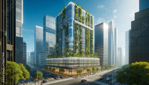 Eco-Futuristic Skyscraper with Vertical Gardens in Urban Cityscape
