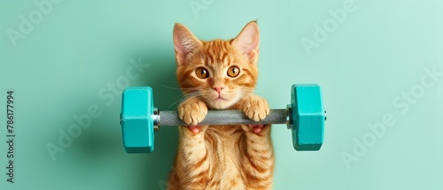 A cat doing exercise with dumbbell with a big space with a clean green backdrop and big space for text or product advertisement, Generative AI. photo