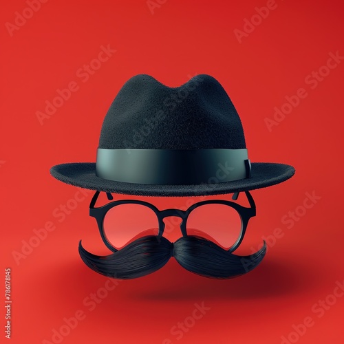 Moustache with hat and glasses on red background, Vector illustration, Ai Generated