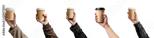 Collection of hand-holding takeaway coffee cups isolated on a transparent background, PNG