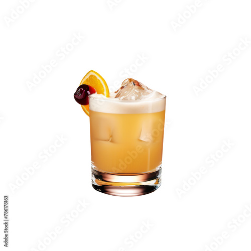 Classic Whiskey Sour Cocktail with Cherry and Orange Slice on Transparent Background