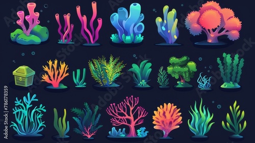 Coral, seaweed and sponge plant illustrations for underwater illustrations. Seaweed, kelp grass and treasure chests graphics.
