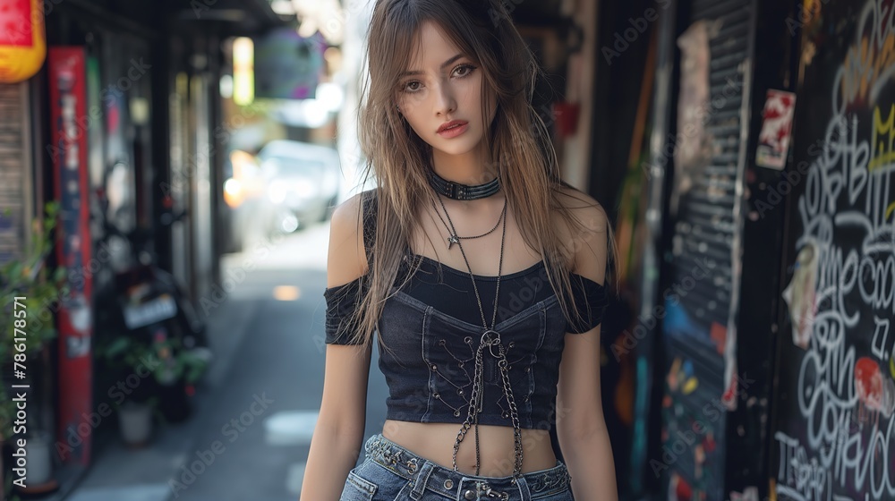 pretty woman wearing crop-top black jeans walking on street, street fashion style, Generative Ai
