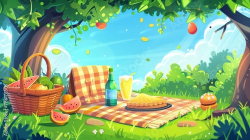 A picnic set for outdoor lunch with a wicker basket, a bottle of drink, and a variety of snacks. Cartoon modern illustration of a hamper, blanket, pie and sandwich, avocado and tin.