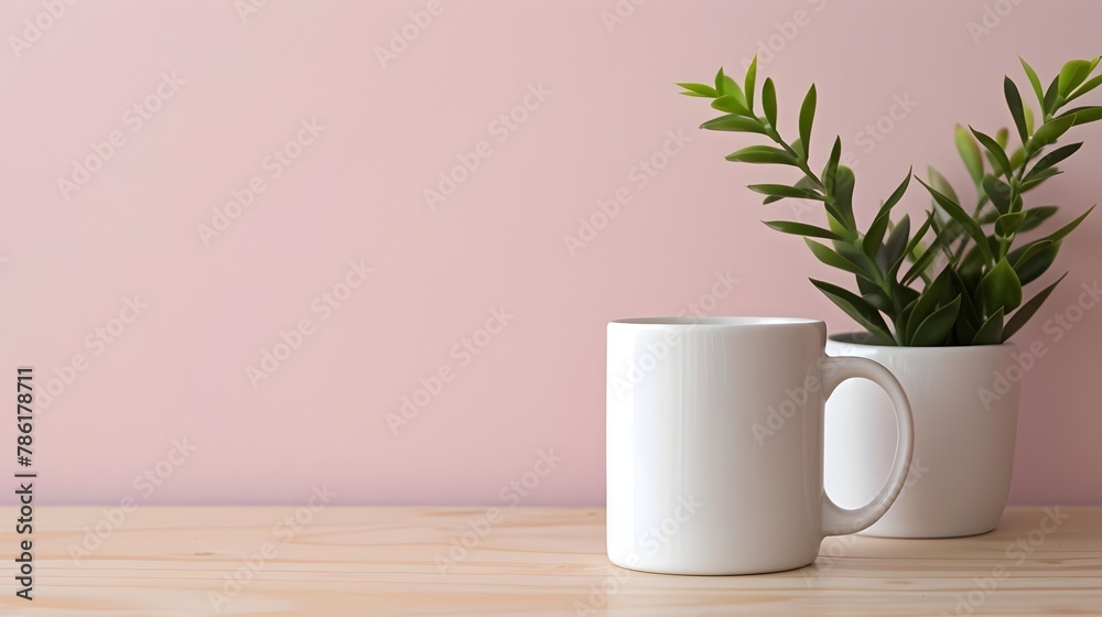 Minimalist Workspace with Ceramic Mug and Potted Plant on Pastel Pink Background