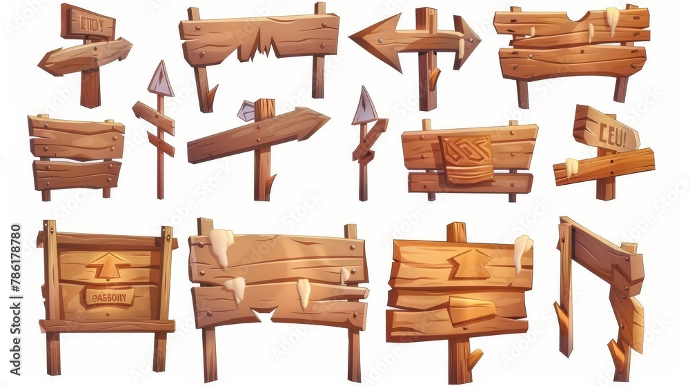 The set of 3D wooden signboards can be seen isolated on white background. Modern realistic illustration of vintage road signs on poles with arrows indicating direction, game interface elements, blank The set of 3D wooden signboards can be seen isolated on white background. Modern realistic illustration of vintage road signs on poles with arrows indicating direction, game interface elements, blank