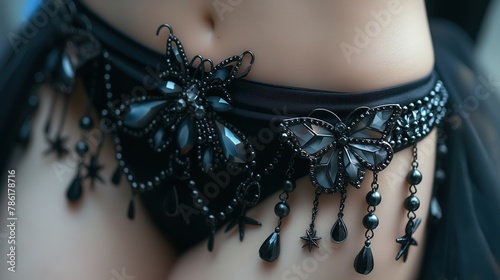 close up woman wearing black sexy panties decorated with flower and butterfly jewel, Generative Ai
