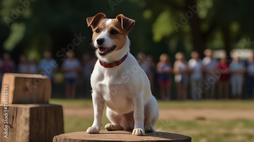 Happy Young Jack Russell Terrier Dog Winner poses on stump podium outdoors First place dog show Competition between pets Wire haired puppy.generative.ai  photo