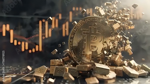 Market meltdown: Shattered bitcoin coin, stacked gold bricks, and stock chart photo