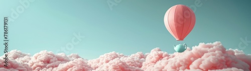 Pink Hot Air Balloon Over Fluffy Clouds in Teal Sky Illustration