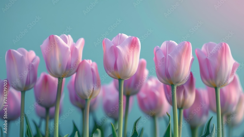 Minimalistic Pink and White Tulips in Soft Focus Against a Teal Sky