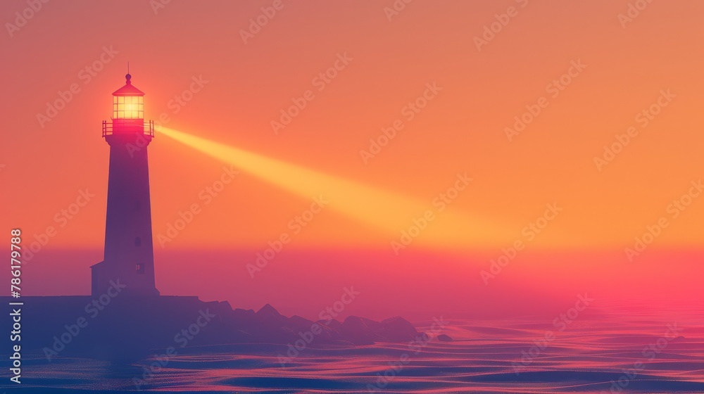 Lighthouse Beam at Sunset on Rocky Coastline