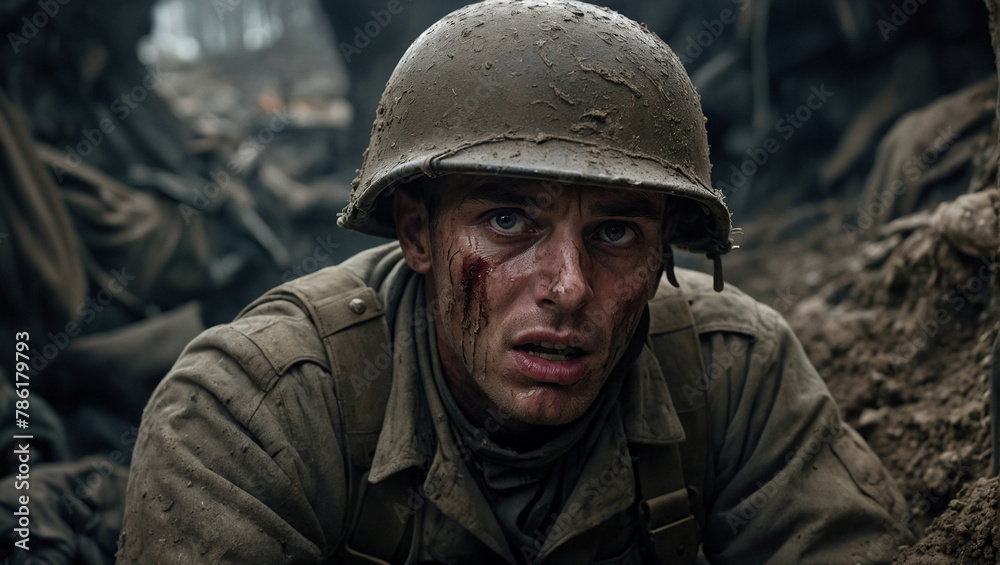Portrait of a poor frightened World War Soldier in a Trench with fear in his eyes