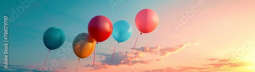 Playful balloons escaping into a pastel sunset sky photo