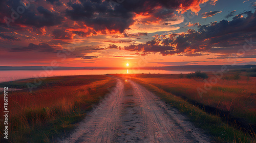 Lake and Road aCountry road with a beautiful sunset view landscape photography t Sunset,
