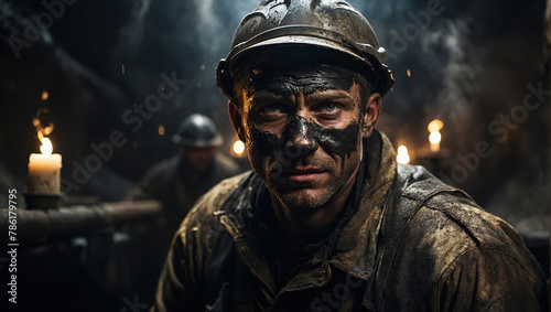 Worker in a histroric Coal Mine. Portrait of Hardship in the Oil or Coal Industry. Close up picture of the worker's head with stern expressions on his face