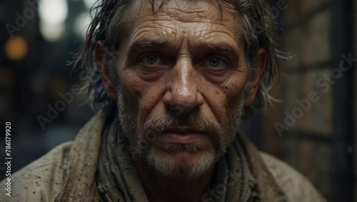 Portrait of an elderly poor disheveled dirty homeless man in desperation