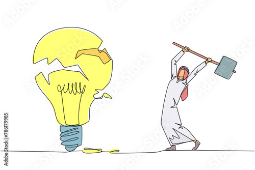 Single continuous line drawing Arabian businessman preparing to hit a big lightbulb. The thrashing anger. Failed to secure a brilliant business idea. Destruction. One line design vector illustration