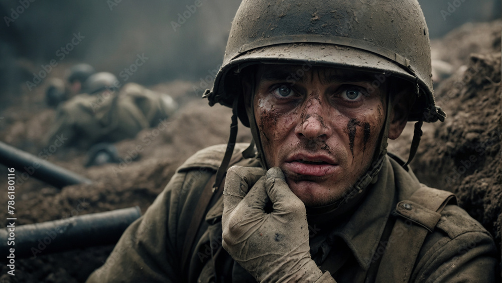 Portrait of a poor frightened World War Soldier in a Trench with fear in his eyes Portrait of a poor frightened World War Soldier in a Trench with fear in his eyes