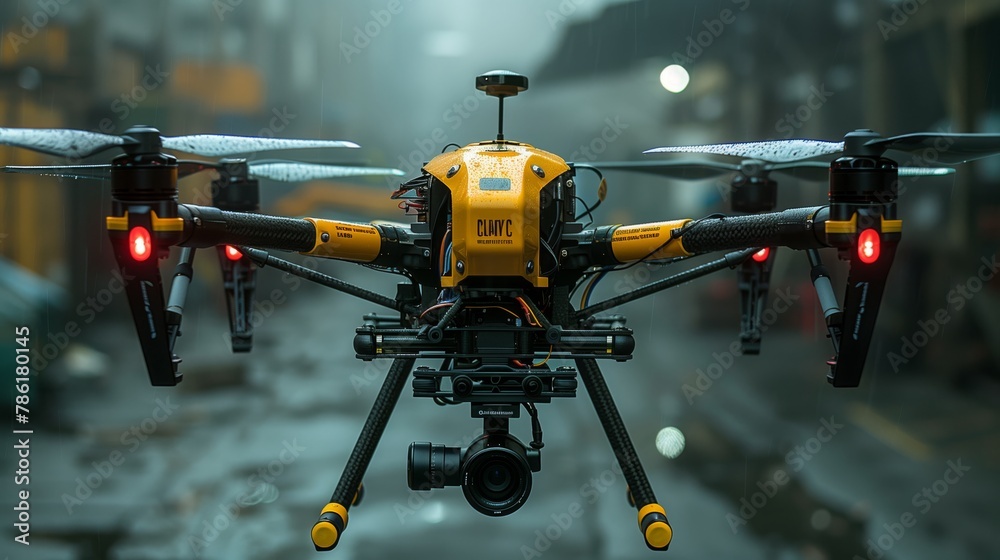 A yellow and black aircraft with a camera is flying in the rain