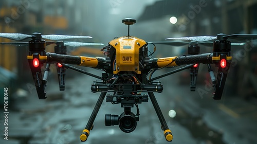 A yellow and black aircraft with a camera is flying in the rain photo
