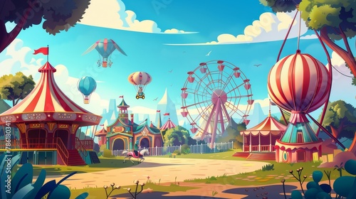 A carnival with a ferris wheel and circus, colorful chalet tents, popcorn vending machines, a shooting range, a carousel, air balloons, and a summer day are all illustrated in this modern cartoon