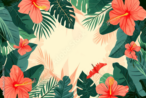 Tropical background with palm leaves and hibiscus flowers.