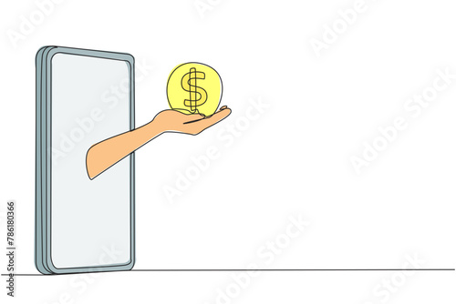Continuous one line drawing the hand comes out from the middle of the smartphone holding the coin. No need to pay a fortune because get lots of discounts. Single line draw design vector illustration