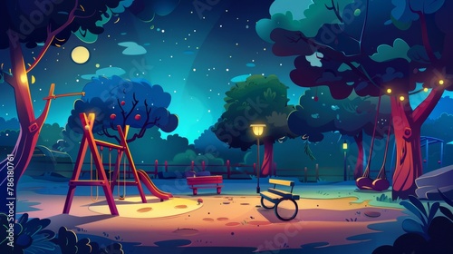 Cartoon modern illustration of empty area with toys for active play and rest for kids or daycare zone in yard in the evening or at night. photo