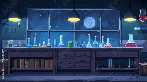 The interior of a cartoon night class chemistry classroom on a dark night with chemistry lab equipment and supplies on a chalkboard. Dark lab for chemical experiments and education under a moonlight