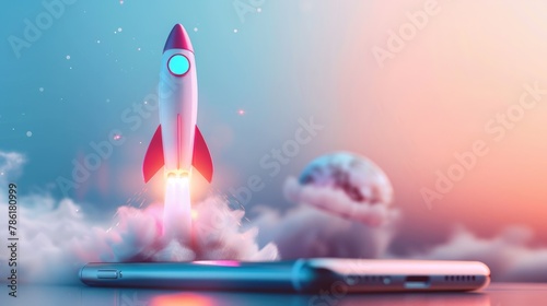 Rocket launching from a smartphone screen. Startup success, business innovation, modern technology concept background with free place for text