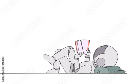 Single one line drawing astronaut lying on back reading book. Reading favorite comic. Big fan of fiction books. Enjoy storyline. Reading increase insight. Continuous line design graphic illustration