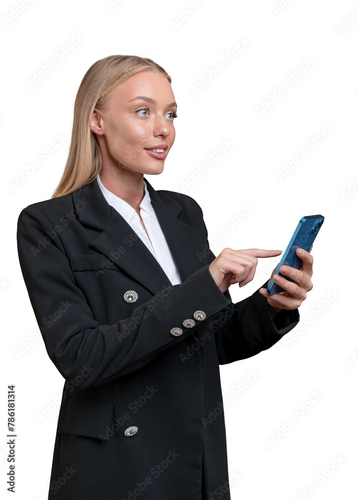 A woman in a business suit using a smartphone against an isolated white background, portraying a concept of technology in business A woman in a business suit using a smartphone against an isolated white background, portraying a concept of technology in business