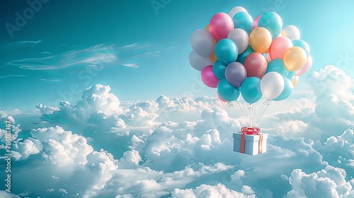 Flying gift box present floating in the sky tied to balloons bunch with bright clouds