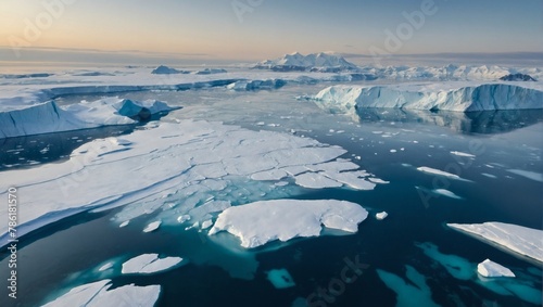 Aerial view of arctic landscape covered in snow and ice, with polar bears and glaciers.