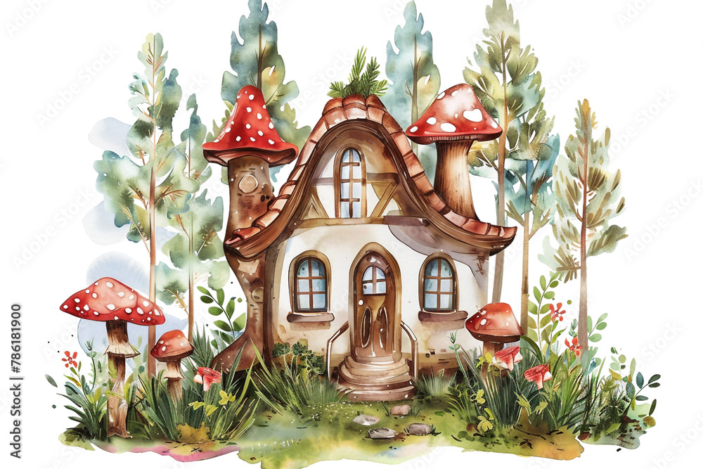 Naklejka premium Watercolor Fairytale Cottage Enchanted on Transparent Background. PNG