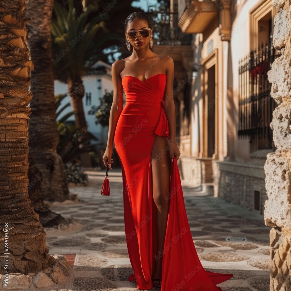Elegant Woman in Red Evening Gown Posing on Cobblestone Street