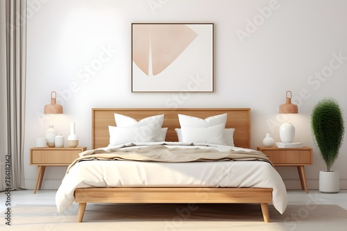 interior of a bedroom with bed pillow and comfort in white and golden color © Tu