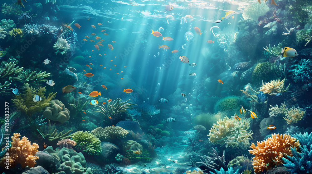 Vibrant Underwater Ecosystem with Coral Reef of various species and Tropical Fish on deep blue ocean background.