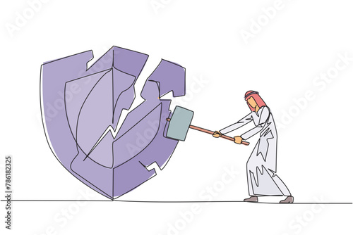 Single one line drawing Arab businessman preparing to hit shield. Rampage. System is undermined by business competitors. Unfair competition. Virus attack. Continuous line design graphic illustration
