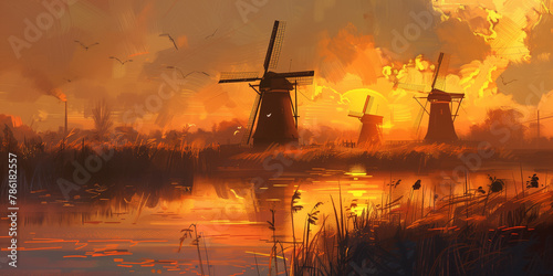 Windmills in the Dutch countryside © JoelMasson