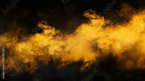 Cloud of yellow smoke on black background. Modern realistic illustration of smoky mist texture, toxic chemical smog, nightclub party steam, light haze.