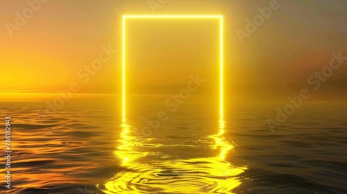 Realistic modern illustration of golden rectangle bright electric luminous border or magic door portal with neon yellow glow.