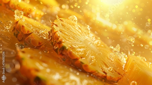 Pineapple slices with water drops on a golden background. Close-up.