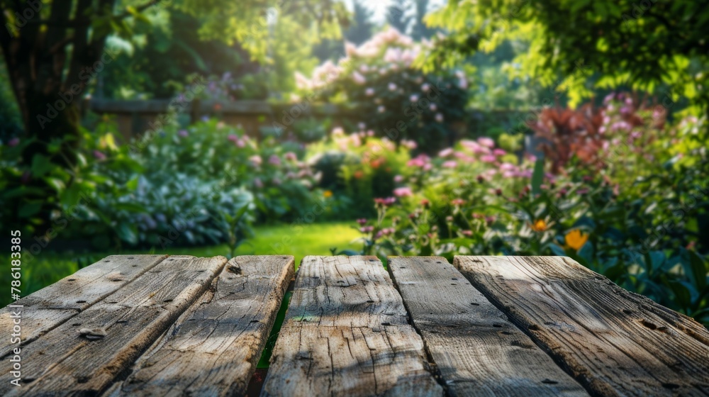 Wooden table in the garden at sunset. Selective focus. Wooden table in the garden at sunset. Selective focus.