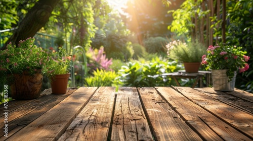 Wooden table in the garden at sunset. Selective focus.