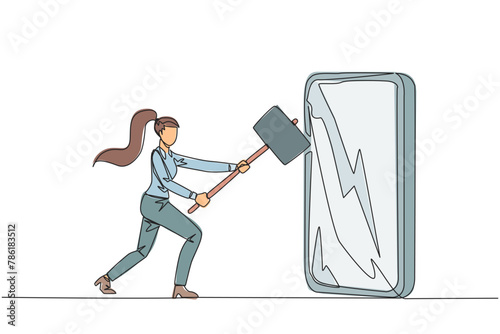 Continuous one line drawing businesswoman prepare to hit big smartphone. Rampage. Technology can destructive if not use properly. Intelligence is required. Single line draw design vector illustration